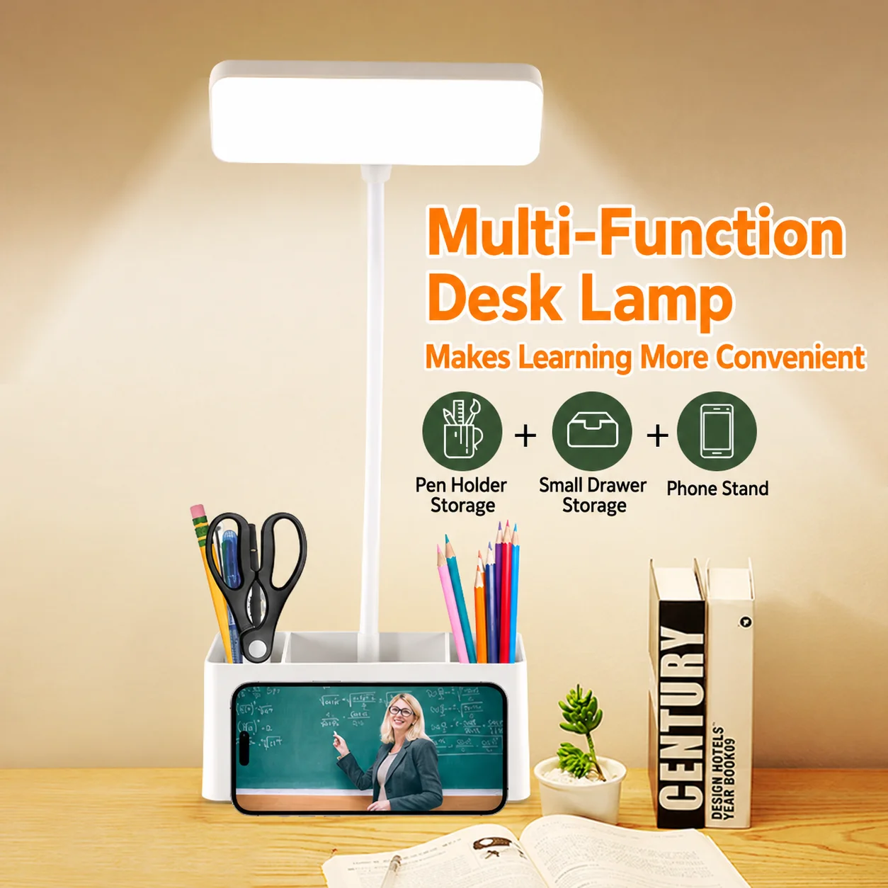 SMGXHE Multi-functional LED Desk Lamp with Storage Pen Holder and Mini Drawer for Dormitories, Offices,Student Reading Desks