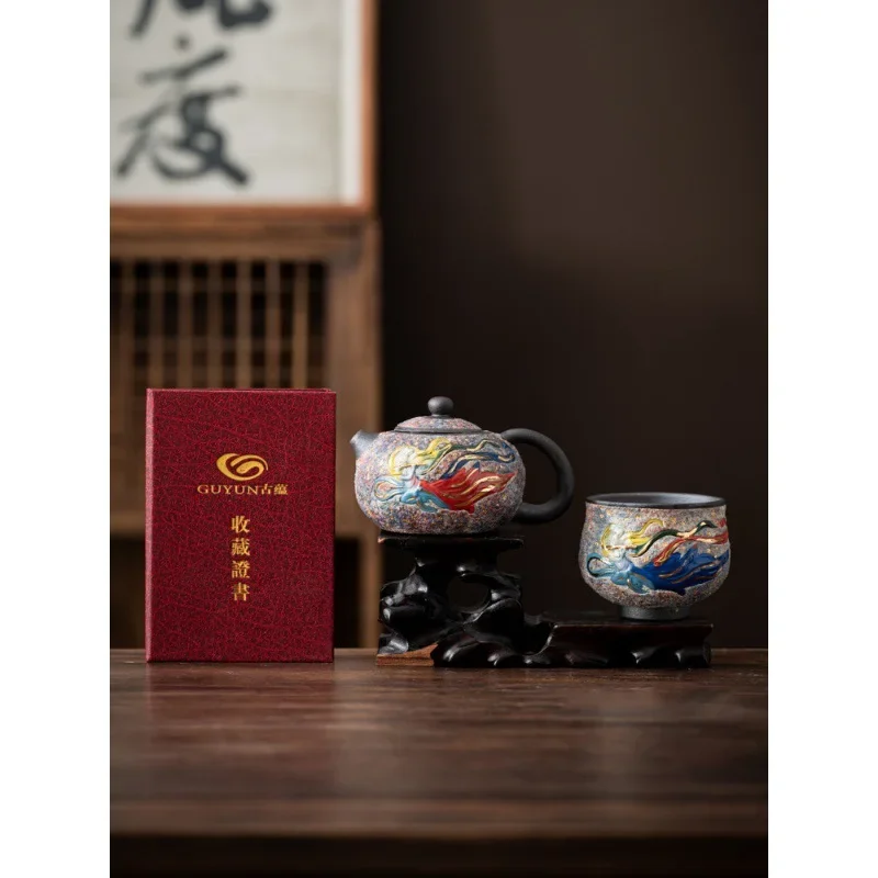 Rock Mine Teapot Purely Handmade Tea Maker Household Kung Fu Tea Set Creative Dunhuang Feitian Xishi Ball Hole Colorful Teapot