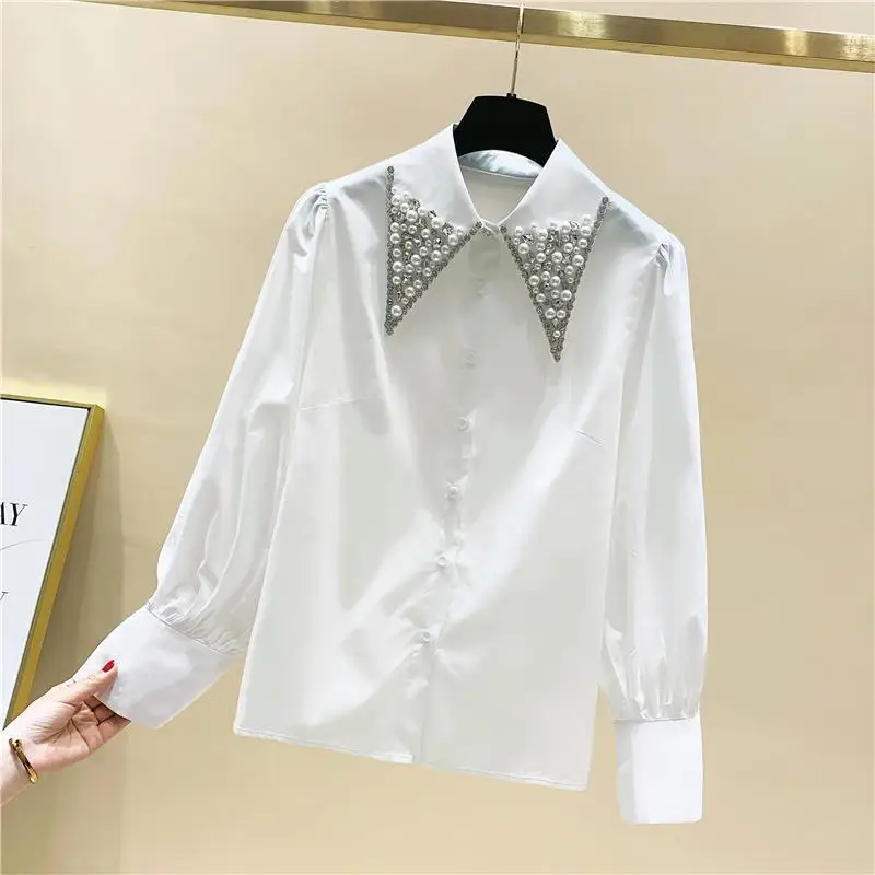 Luxury Embroidered Flares Diamonds Doll Collar Women Spring New Loose Lapel Collar Long Sleeved Solid Color Comfortable Shirt