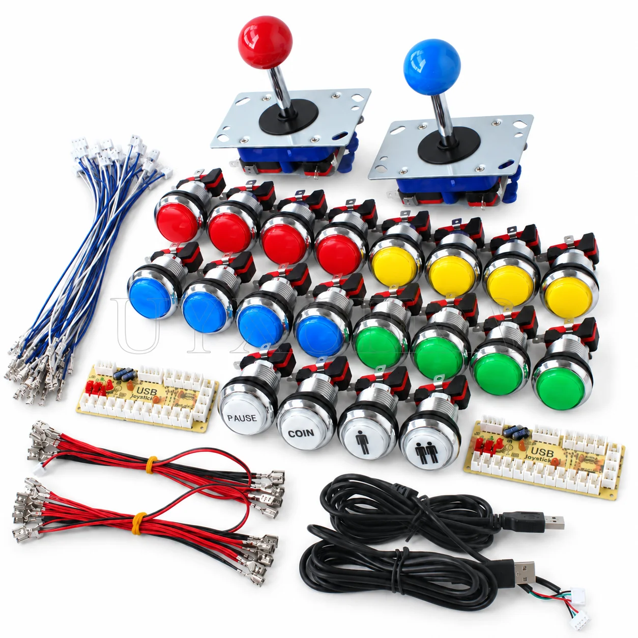 2 Player Arcade DIY Kit with joysticks, chrome LED push buttons and Zero Delay USB encoder boards. Suitable for arcade cabinets,
