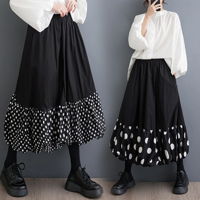 

Spring Summer Polka Dot f Skirt Casual Elastic Waist Umbrella Skirt Commute Sle mid Waist A-Line Midi Skirt Cotton Material