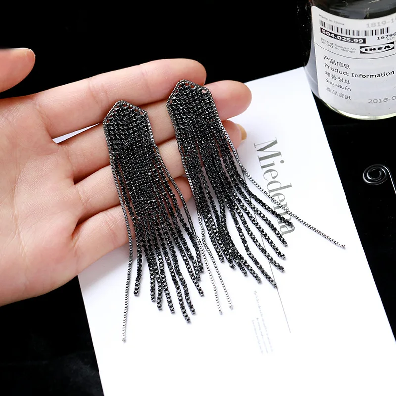 

European and American Retro Earrings 925 Silver Needle Full Diamond Exaggerated Personality Tassel Long Crystal Irregular Geomet