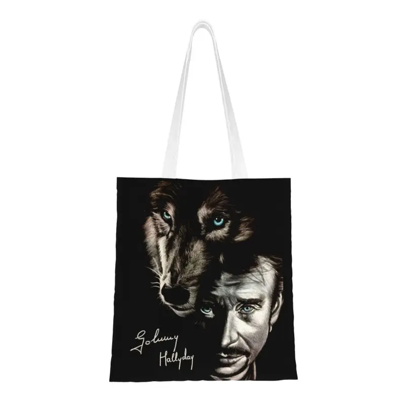 Johnny Hallyday And Wolf Groceries Shopping Bag Kawaii Printed Canvas Shopper Tote Shoulder Bags France Singer Rock Star Handbag