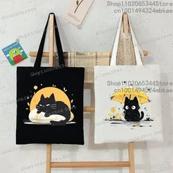 Kawaii schwarze Katze Grafik Handtaschen für Frauen japanischen Stil Canvas Einkaufstasche Cartoon Mode Schultertasche für Frauen Kätzchen Tasche