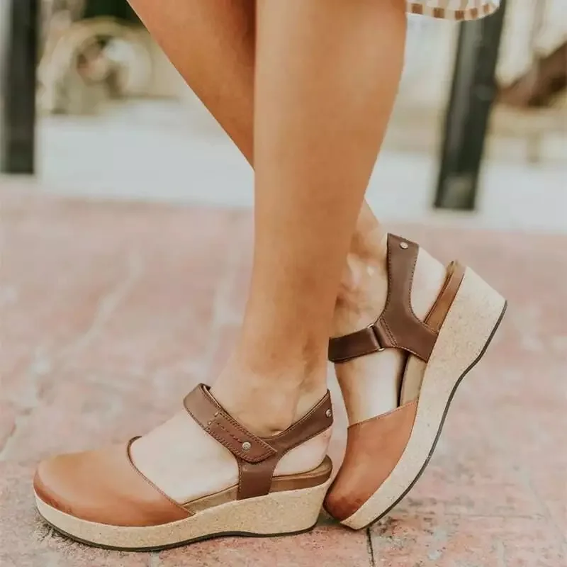 Summer new flat baotou buckle pure outside to wear solid color sandals large size women's shoes