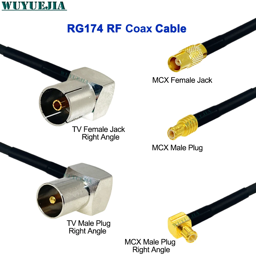 RG-174 كابل التلفزيون ذكر/أنثى الزاوية اليمنى إلى MCX ذكر موصل قابس 50 أوم محوري تمديد الحبل ضفيرة لاستقبال التلفزيون المحمول