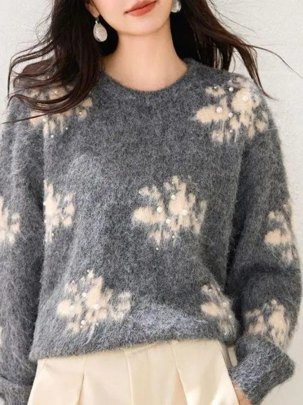 Elegant Loose Fit Grey Knitted Print Sweater Women's Fashion Autumn Winter Comfortable Breathable Long Sleeve round Neck Top