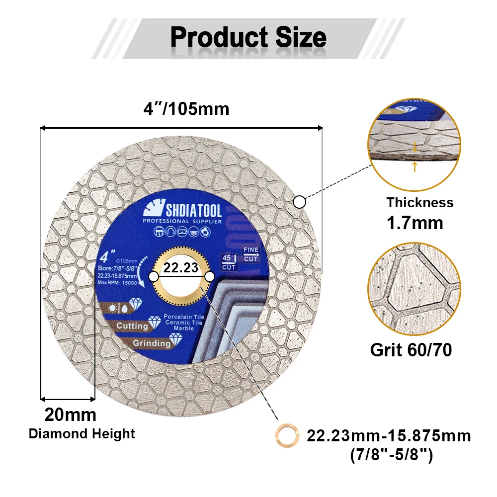 SHDIATOOL 1/2/3/5 Pz Dia105mm Diamante Lama per sega a doppia faccia Triangolo Segmento Rettifica Disco da taglio Piastrelle di ceramica Taglierina per marmo
