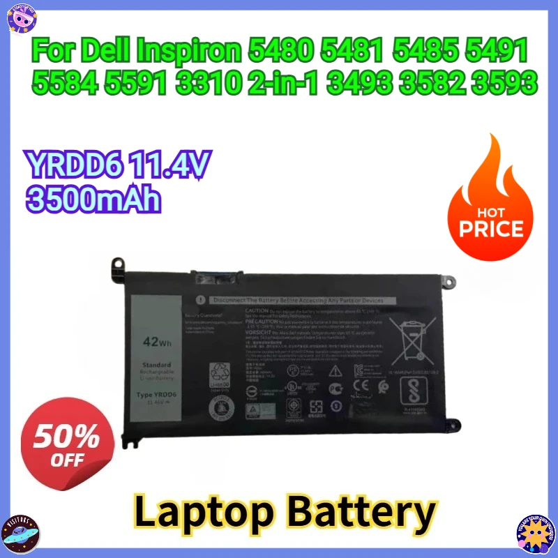 

New Replacement Laptop Battery 11.4V 3500mAh YRDD6 for Dell Inspiron 5480 5481 5485 5491 5584 5591 3310 2-in-1 3493 3582 3593