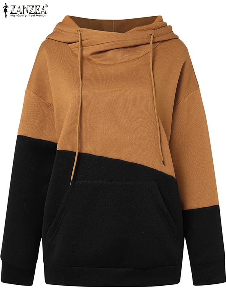 ZANZEA Holiday Hooded Drawstring Tops Women Colorblock Hoodies Fashion Long Sleeve Sweatshirt 2024 Autumn New All-match Pullover