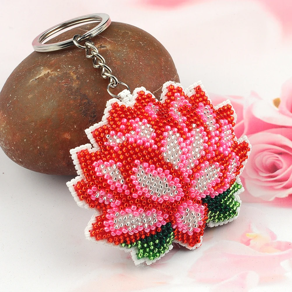 Cross Stitch Bead Keychain Exquisite Keychain Pendant Beaded Embroidery Kit DIY Cross Stitch Keyring for Adults Beginners