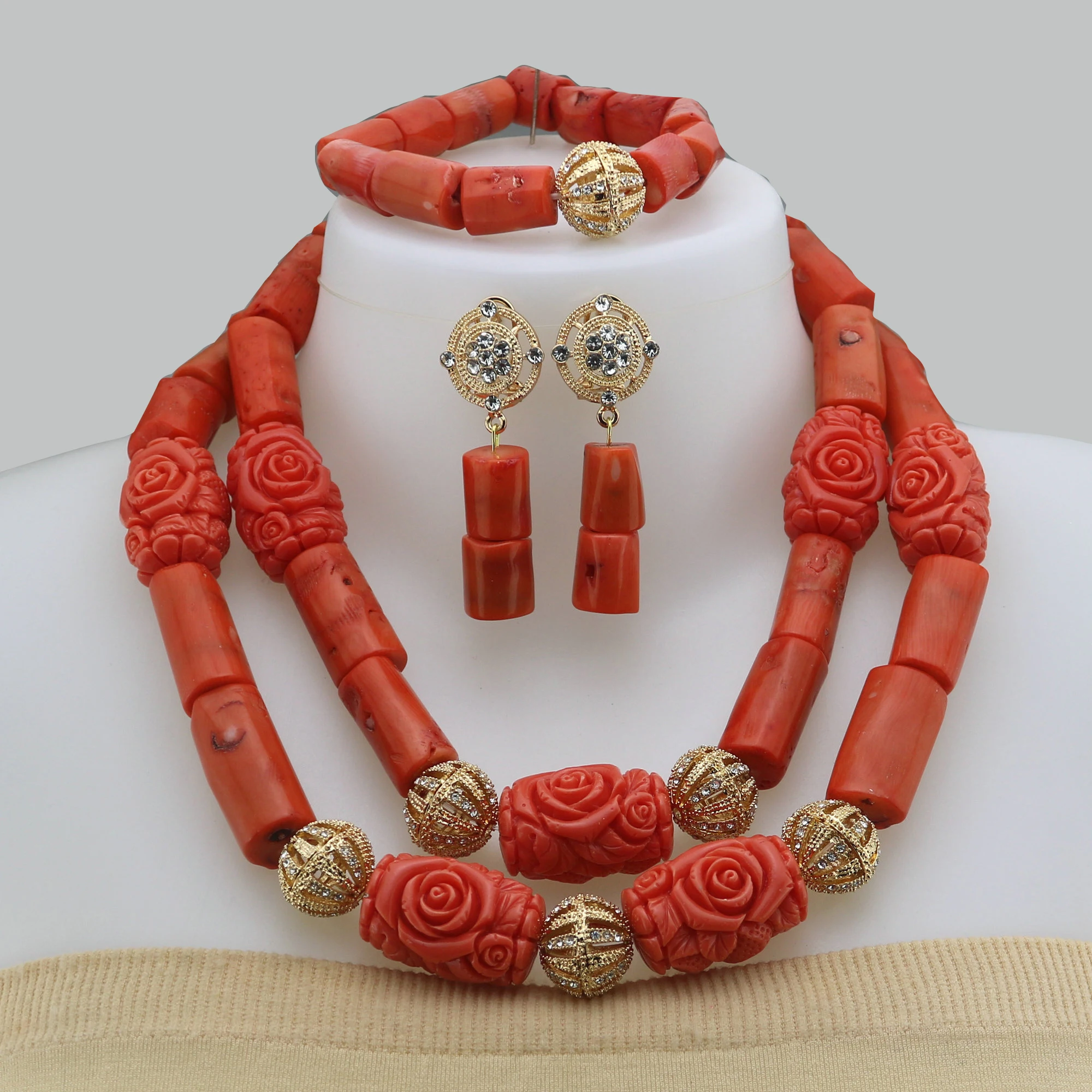 

Fashion Nigerian Coral Beads Necklace Earrings Set for Bride New African Wedding Jewelry Set