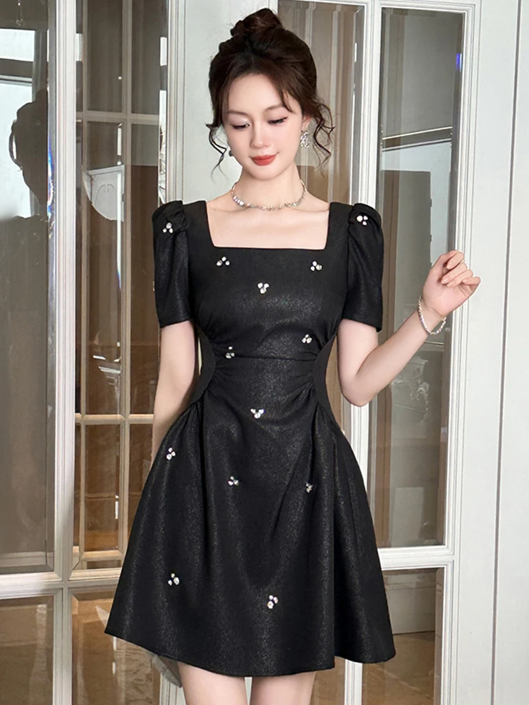 ผู้หญิงหรูหราชุดเจ้าหญิงหวานสุภาพสตรีภาษาฝรั่งเศสคําเพชรพับเอวจีบชุดหญิง PARTY PROM Vestidos NIght Club เสื้อผ้า