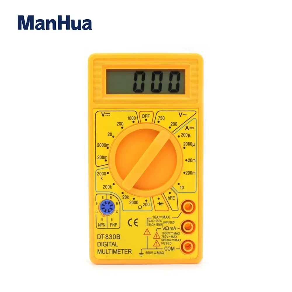 ManHua DT830B Mini Digital Multimeter with LCD Overload Protection Voltage Amperage Test Probe DC AC Yellow