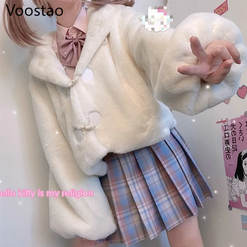 Autumn Winter Japanese Cute Lolita Coats Girls Kawaii Rabbit Ears Hooded Loose Plush Jackets Women Sweet Warm Jk Outwear Tops