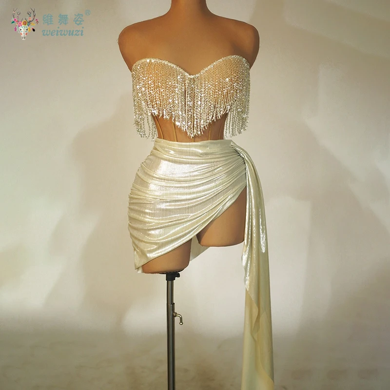 

Женские блестящие комплекты из двух предметов с короткой юбкой, сексуальные комплекты без бретелек с блестками, роскошные стразы для ночного клуба, бара, вечернее платье, сумка, юбка на бедрах