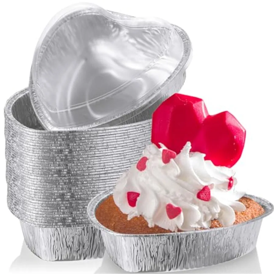 Paquete de 27 Moldes para Pastel en Forma de Corazón para el Día de San Valentín con Tapa, Moldes Desechables de Papel de Aluminio para Hornear Cupcakes, Moldes para Empacar Alimentos en Forma de Corazón, Moldes para Muffins
