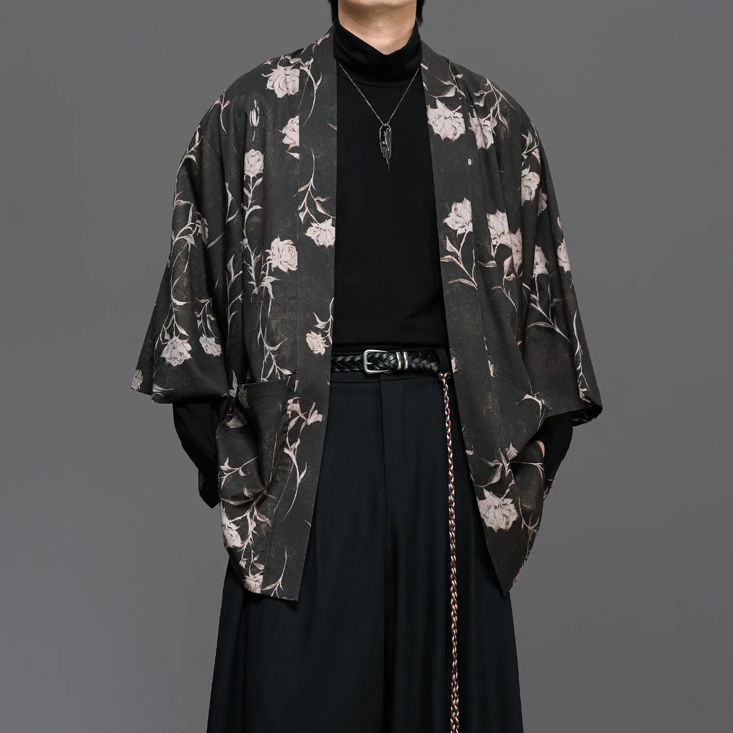 Fall 2026 Cotton Designer Mid-Length Black Gray Robe Cardigan Boys Japanese-Style Retro Jacket Coat