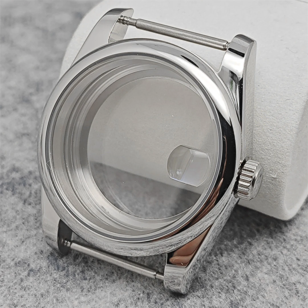 Cassa per orologio argentata rotonda smussata in acciaio inossidabile da 36 mm Accessori di ricambio per orologi in vetro zaffiro per movimento NH35/NH36/4R