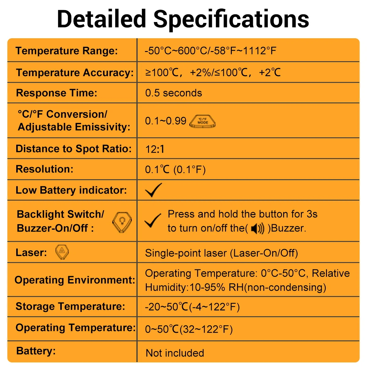 LAOLAU JD 16 Infrarot-Thermometer 600°C 1112°F Berührungsloses Laser-Temperaturmessgerät 0,5s 12 bis 1 Einstellbarer Emissionsgrad BBQ HVAC – Detail 10