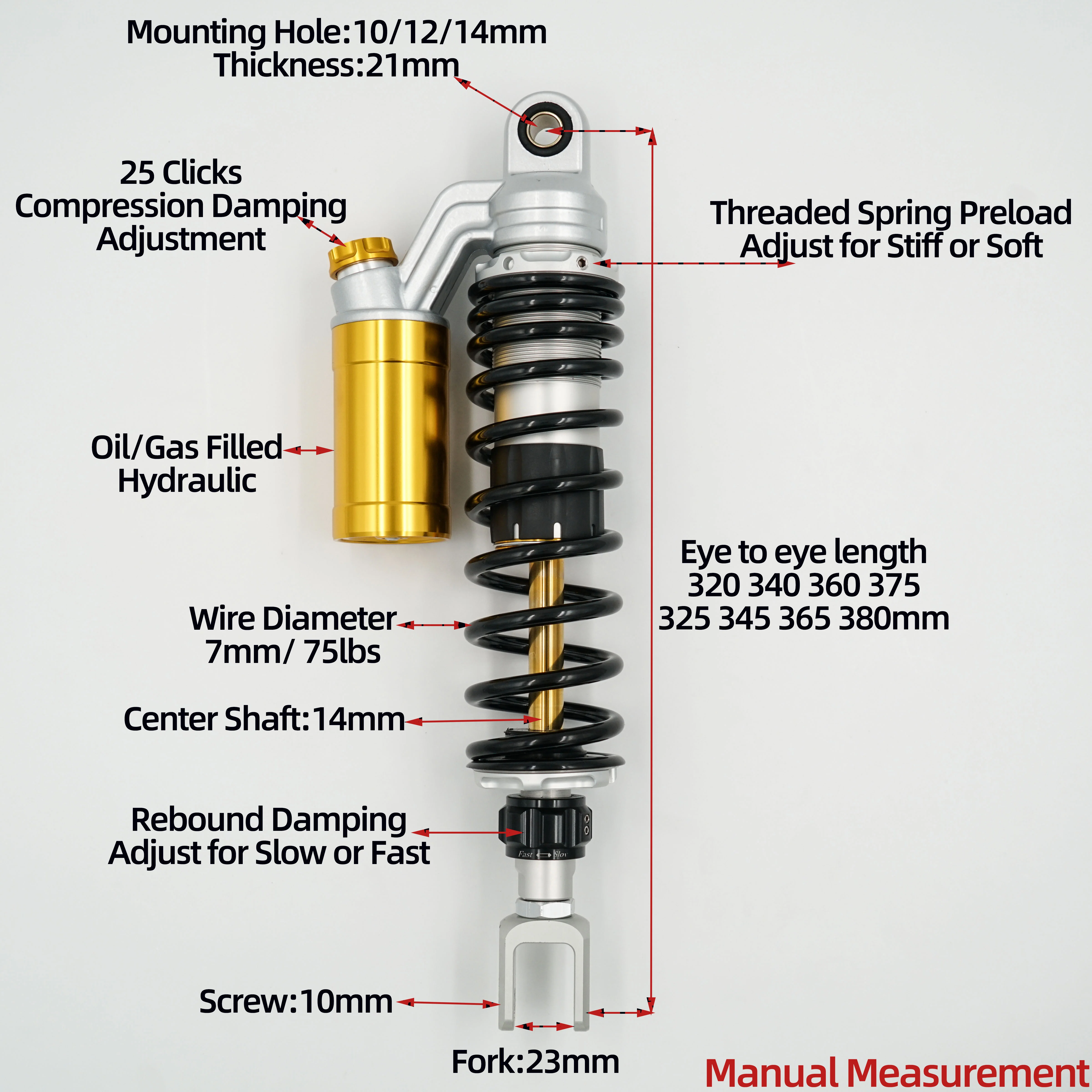 Fork 23mm 1pair 320mm 340mm 360mm 375mm 325mm 345mm 365mm 380mm Rebound/Conpresion Damping Rear Shocks for Zones 368/Longjia ADV