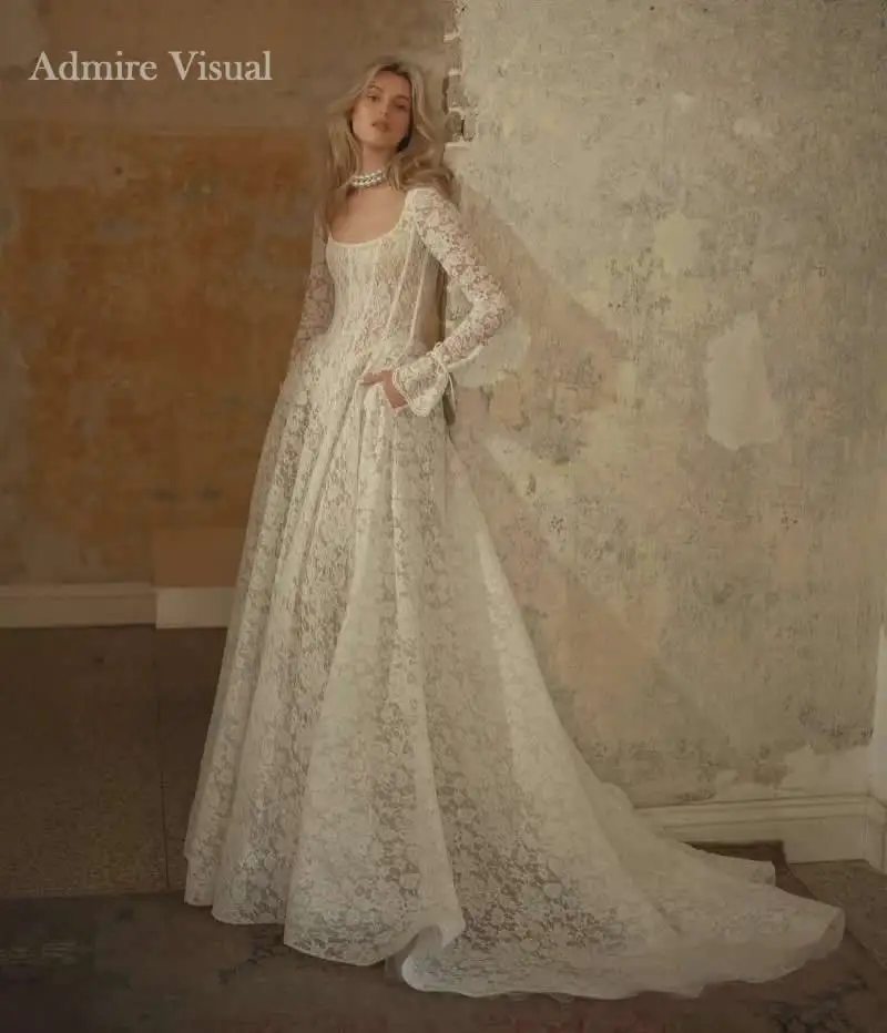 

Admire Visual Wedding Dress A-Line Lace Scoop Neck Full Sleeves With Long Open Back Customized Bride Gown Vestidos De Novias