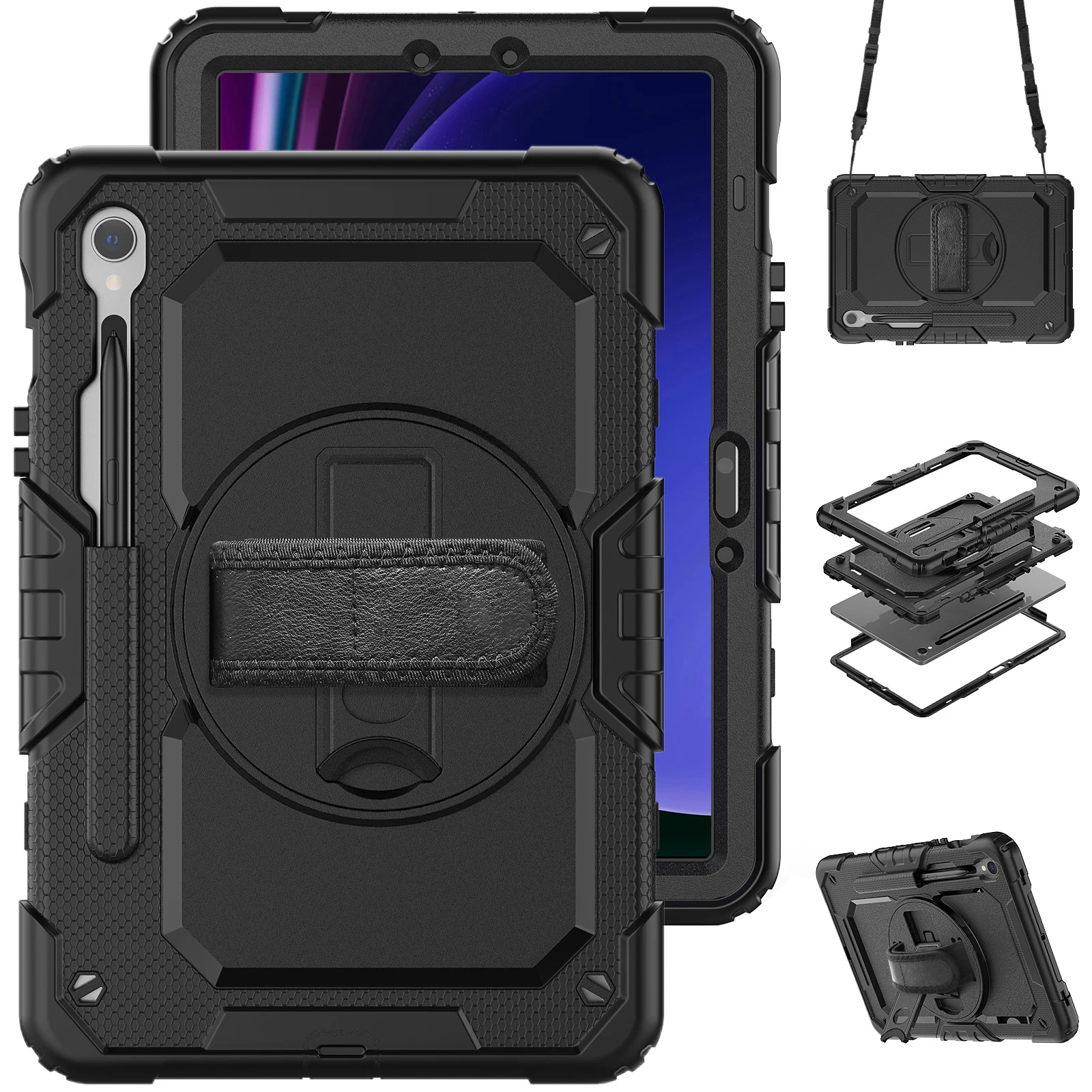 For Samsung Galaxy Tab S10 FE / S9 FE SM-X510 SM-X516B PC+Silicone Kickstand Tablet Cover with Hand Strap - Black+Black