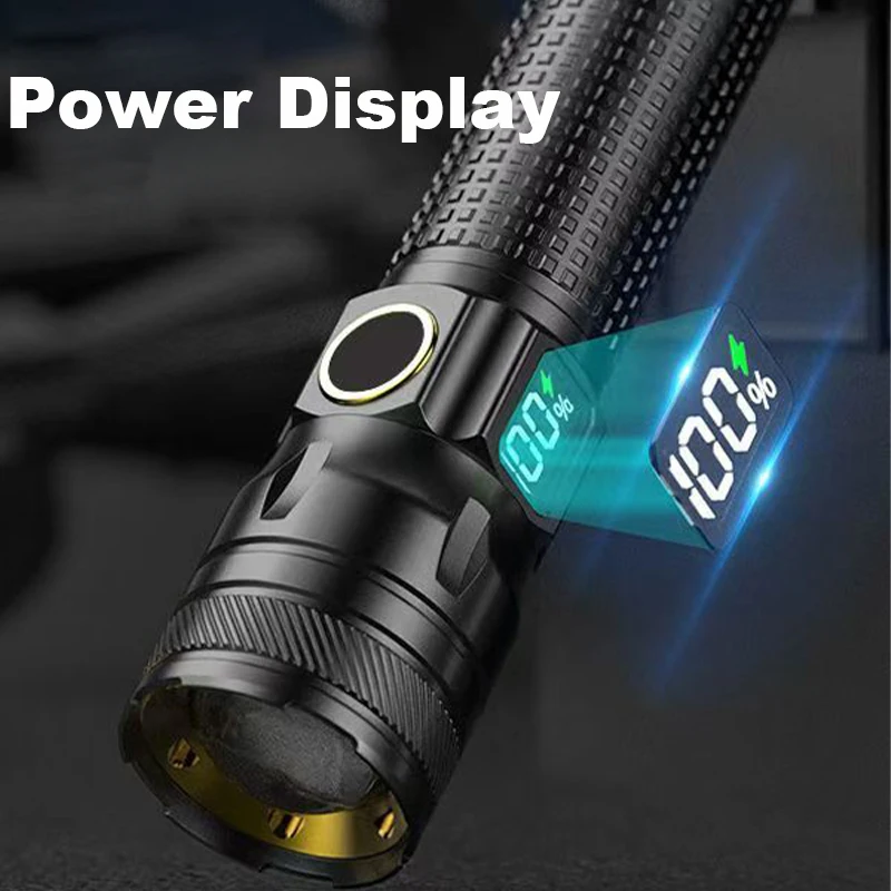 Aluminum Alloy Rechargeable LED Flashlight With Power Display High Power Torch Light Outdoor Waterproof Camping Lantern