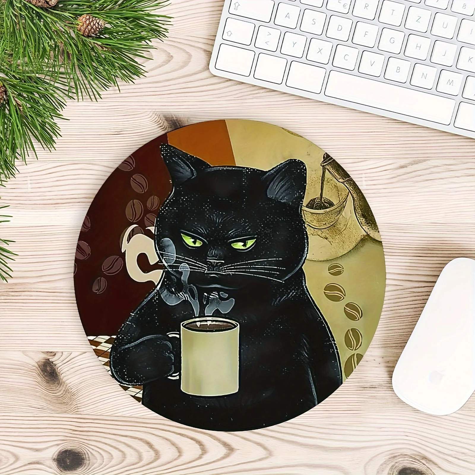 Black Cat Coffee Round Mouse Pad Non-Slip Rubber Gaming Office Perfect for Desktop Laptop Computers Home Workspace Accessory