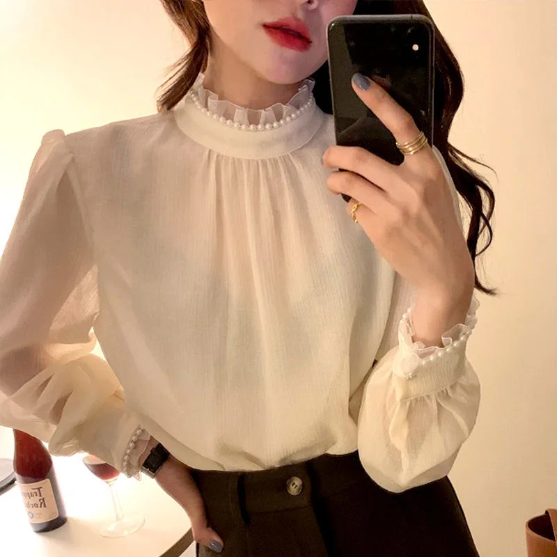 New Spring Autumn Half High Collar Pearl Elegant Fashion Shirt Top Women Long Sleeve Ruffles All-match Aesthetic Pullover Blouse