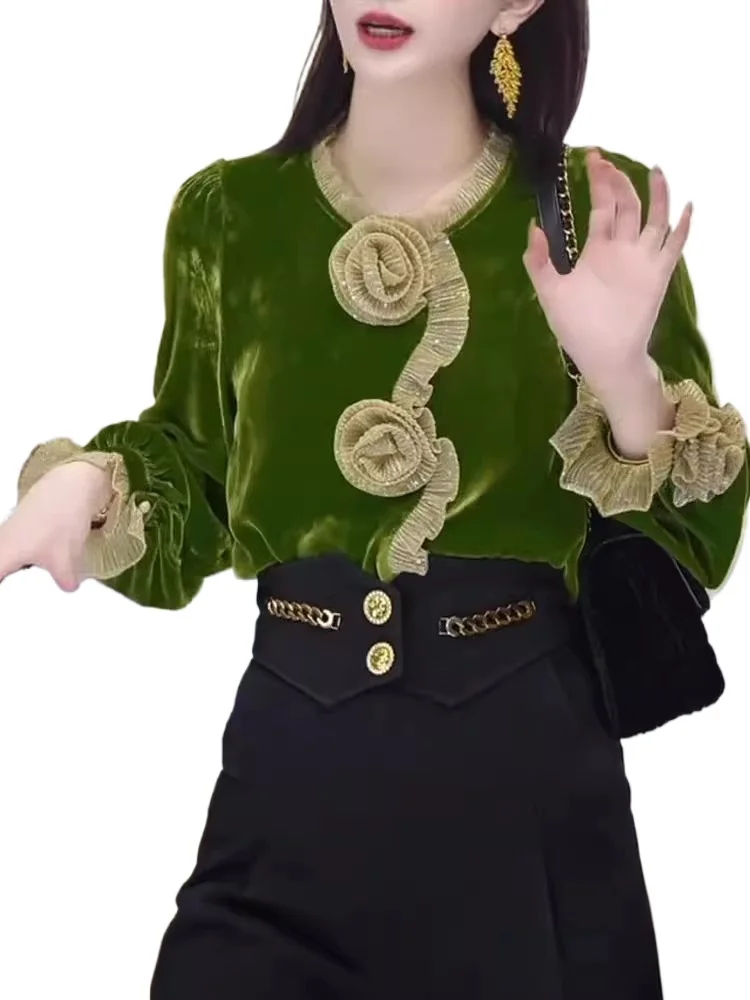 

3 d flowerl velour blouses women elegant lady velvet shirts