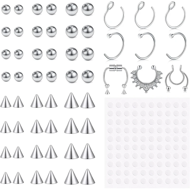 100pcs Sticker Non-Piercing Body Jewelry Fake Skin Piercing,Fake Eyebrow Ring Fake Lip Labret Studs Replacement Balls Spike