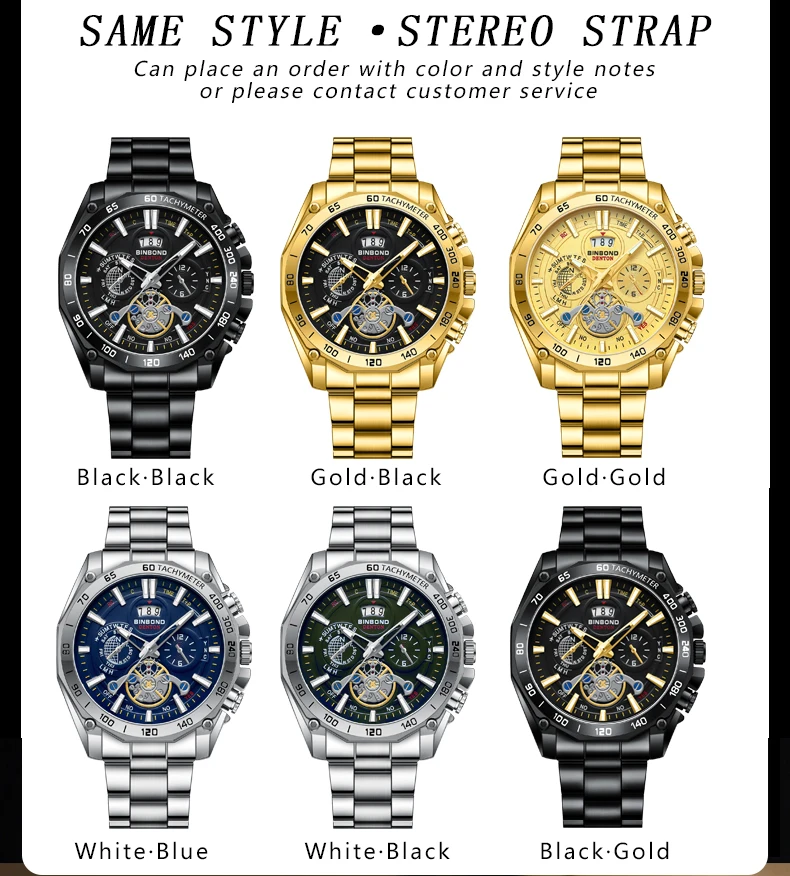 BINBOND 4750 موضة رجال الأعمال ساعة كوارتز ثلاثة عين ستة إبرة كرونوغراف مقاوم للماء ضوء الليل التقويم ساعة كوارتز