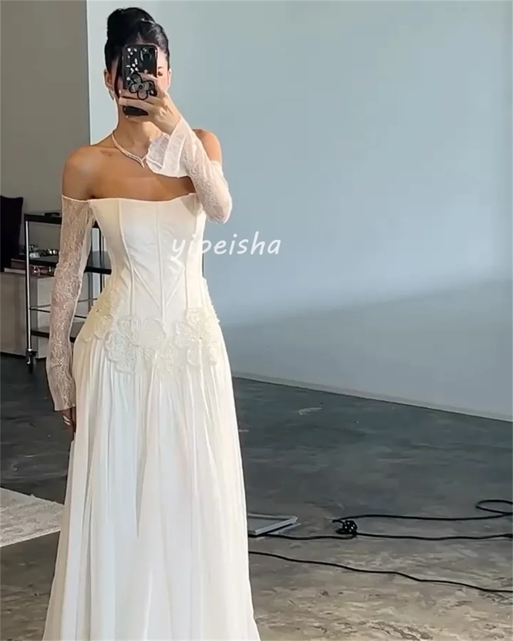Vestidos largos personalizados de gasa exquisita hechos a mano con cuentas de flores y lentejuelas, vestidos largos con hombros descubiertos, vestidos para ocasiones a medida