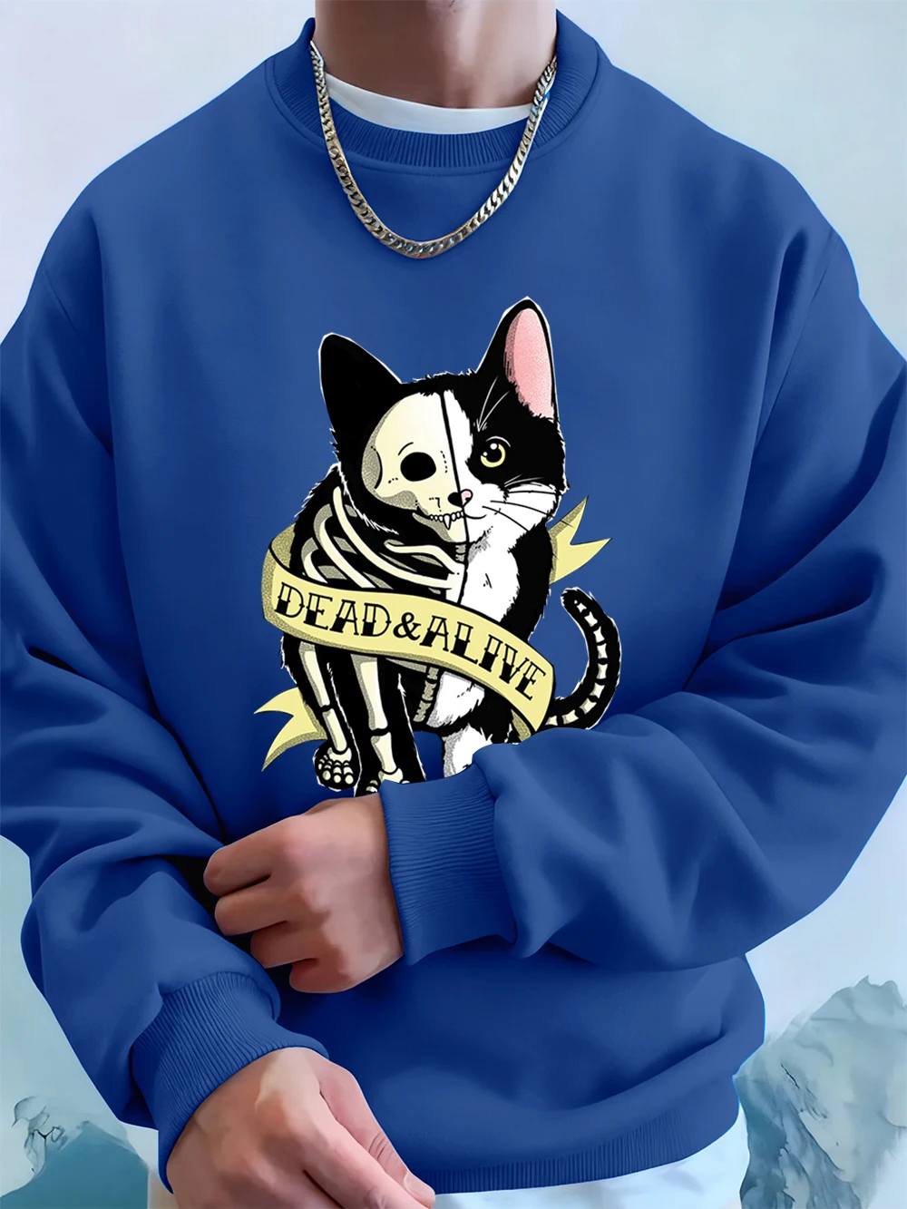 Dead & Alive Skull Cat Printed Men Sweatshirt Winter Fleece Warm Hoodies Korean Loose Crewneck Pullovers Hip Hop Male Clothes