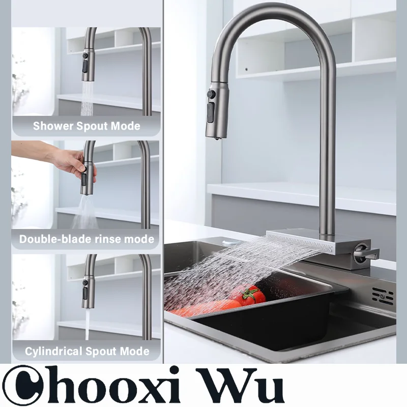 Kitchen Pull-Out Stainless Steel Faucet, Pull-Out Design, Multi-Functional Pressurized Spout, Hot and Cold Dual Control