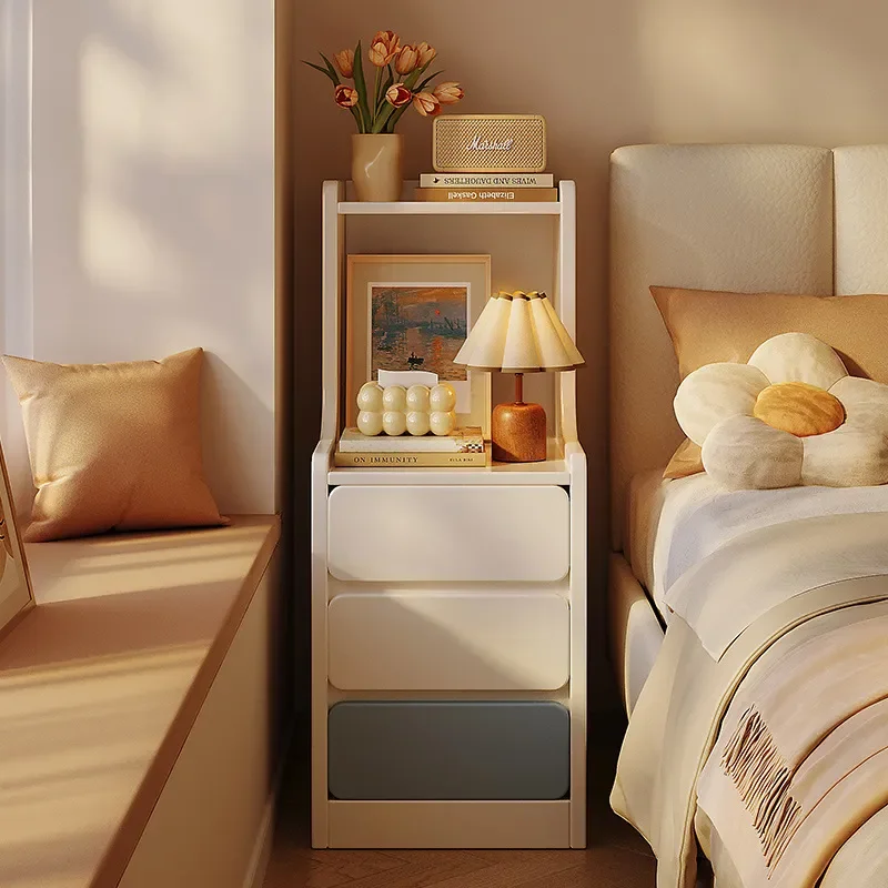 Modern Small Bedside Table Simple Narrow Nightstand Bedroom Storage Cabinet Locker Shelf for Rental Home Space Saving