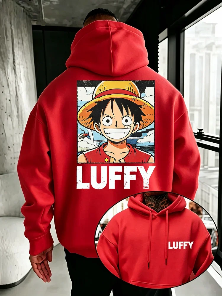 One Piece Monkey D. Luffy Hoodie mit Vorder- und Rückseiten-Print, Retro-Luffy-Porträt, Strohhut, Anime-Fan, lässiger Pullover mit Kapuze – Detail 8
