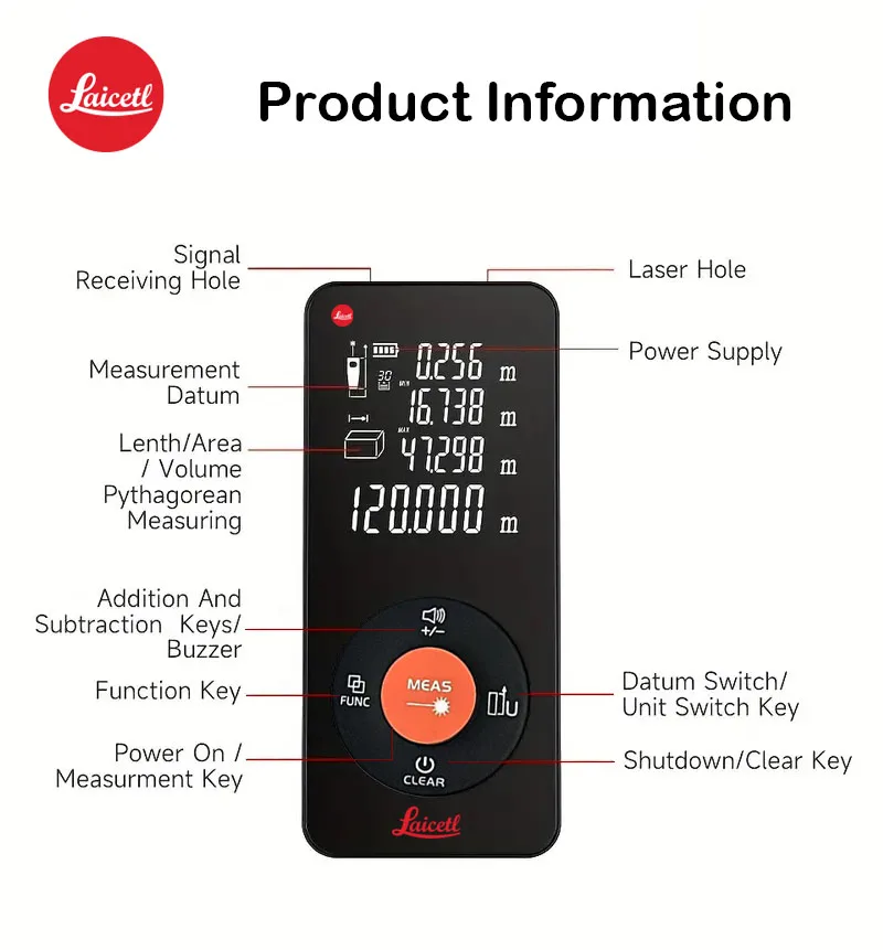 Laicetl Laser Distance Meter with Body Display-USB Rechargeable, Rapid Measurement, Indoor Measurement Tool, Modern Tool Design