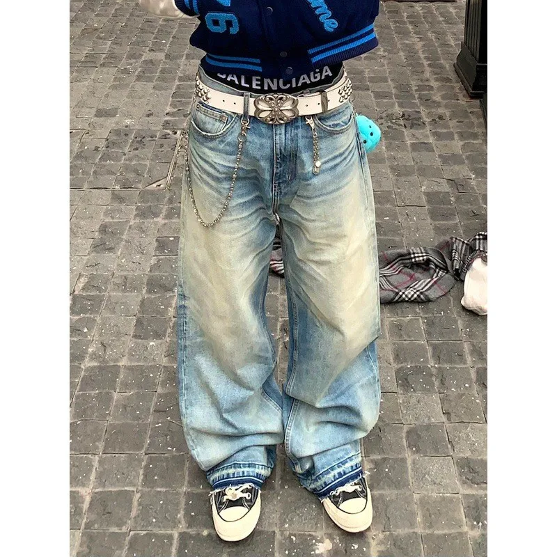 

Мужские джинсы с широкими штанинами и узором «Молния» в американском уличном стиле, серия Bull King 2025, модные повседневные брюки