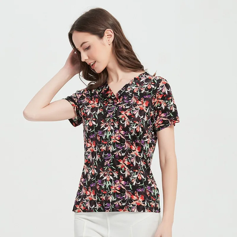80% Silk V-neck Short Sleeve Women's T-shirt Printed Slim Large Mulberry Silk Knitting Bottoming Shirt