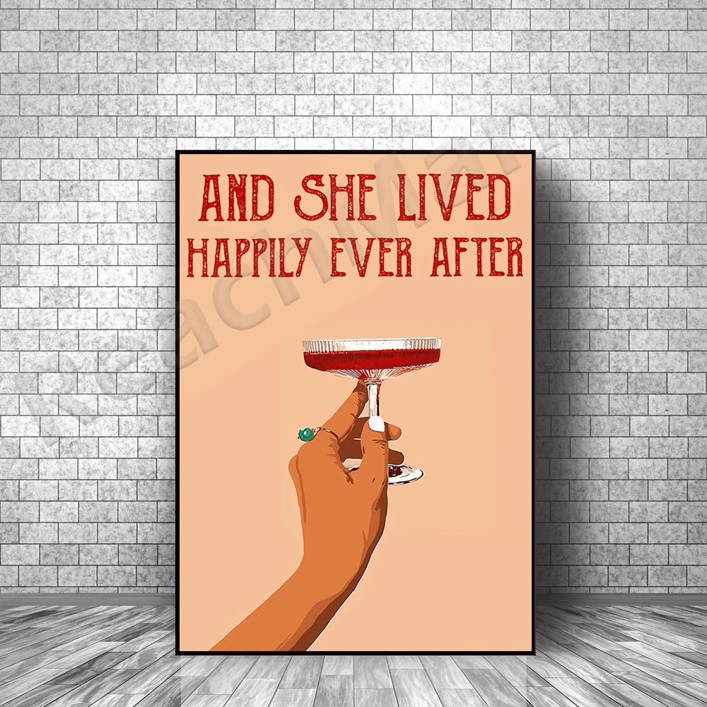 

Vertical poster, she lives a happy life, retro poster, wine love poster, girl with wine poster, home sign, ideal gift
