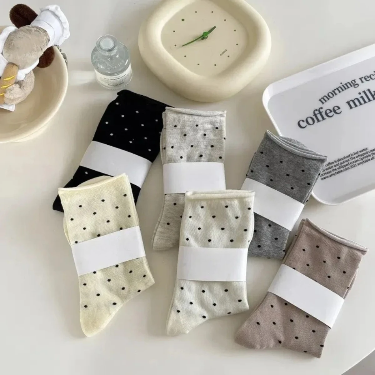 Women's Spring Summer Thin Vintage Cream Curled-edge Polka Dot Mid-tube Socks Uses For Artistic Socks Women's Clothing