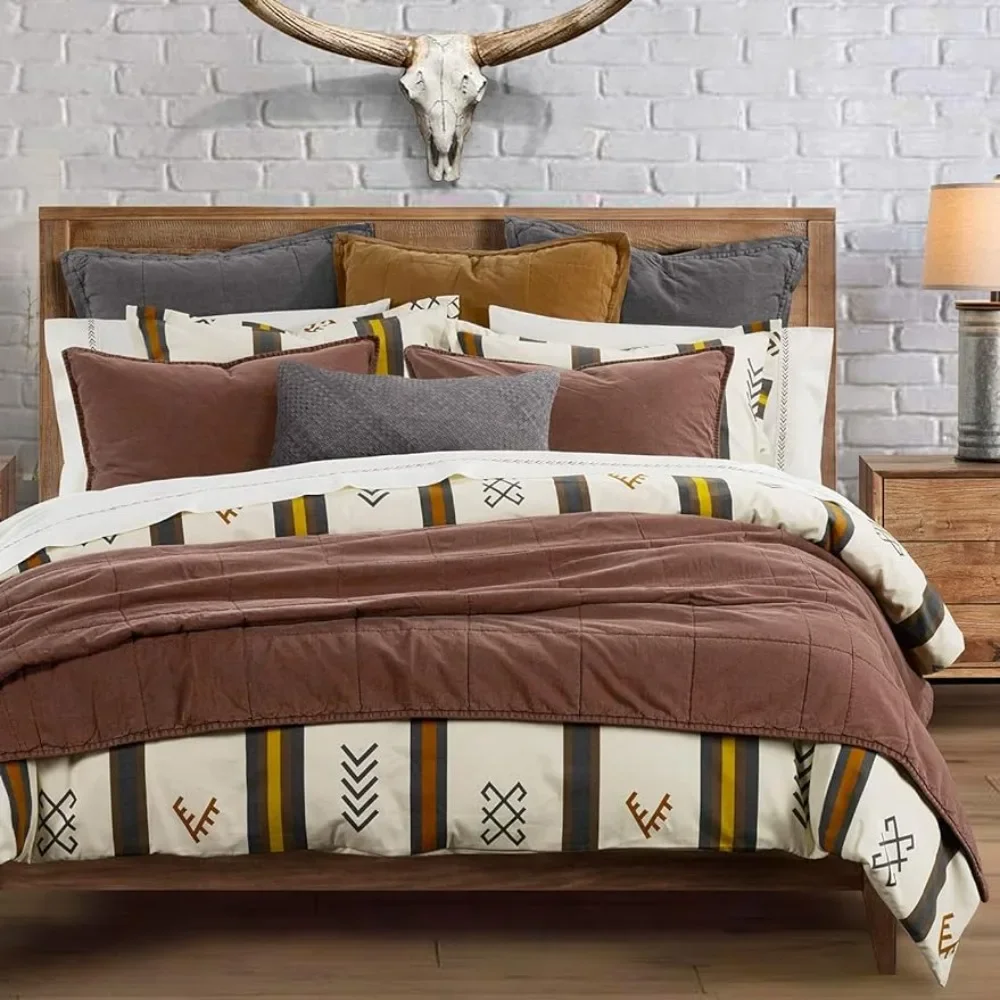 

Bedding 3 Piece Duvet Cattle Brand Symbol Print Striped Cotton Rustic Cabin Lodge Bed Set 1 Comforter Cover 2 Pillowcases