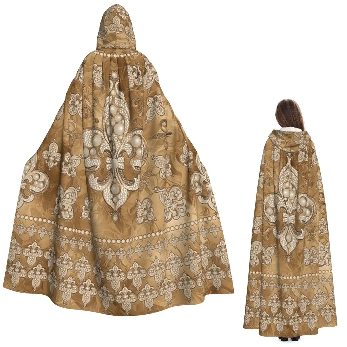 

Fleur-de-lis Роскошный длинный плащ с жемчугом и золотом с капюшоном, средневековый костюм ведьмы, накидка для косплея, накидка на Хэллоуин, вечеринка для взрослых, унисекс