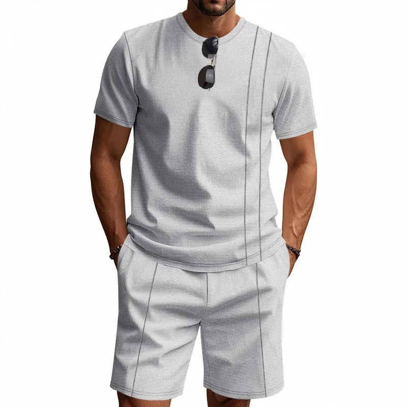 

Men's Waffle Knit 2 Piece Outfits Casual Short Sleeve T Shirt and Shorts Set