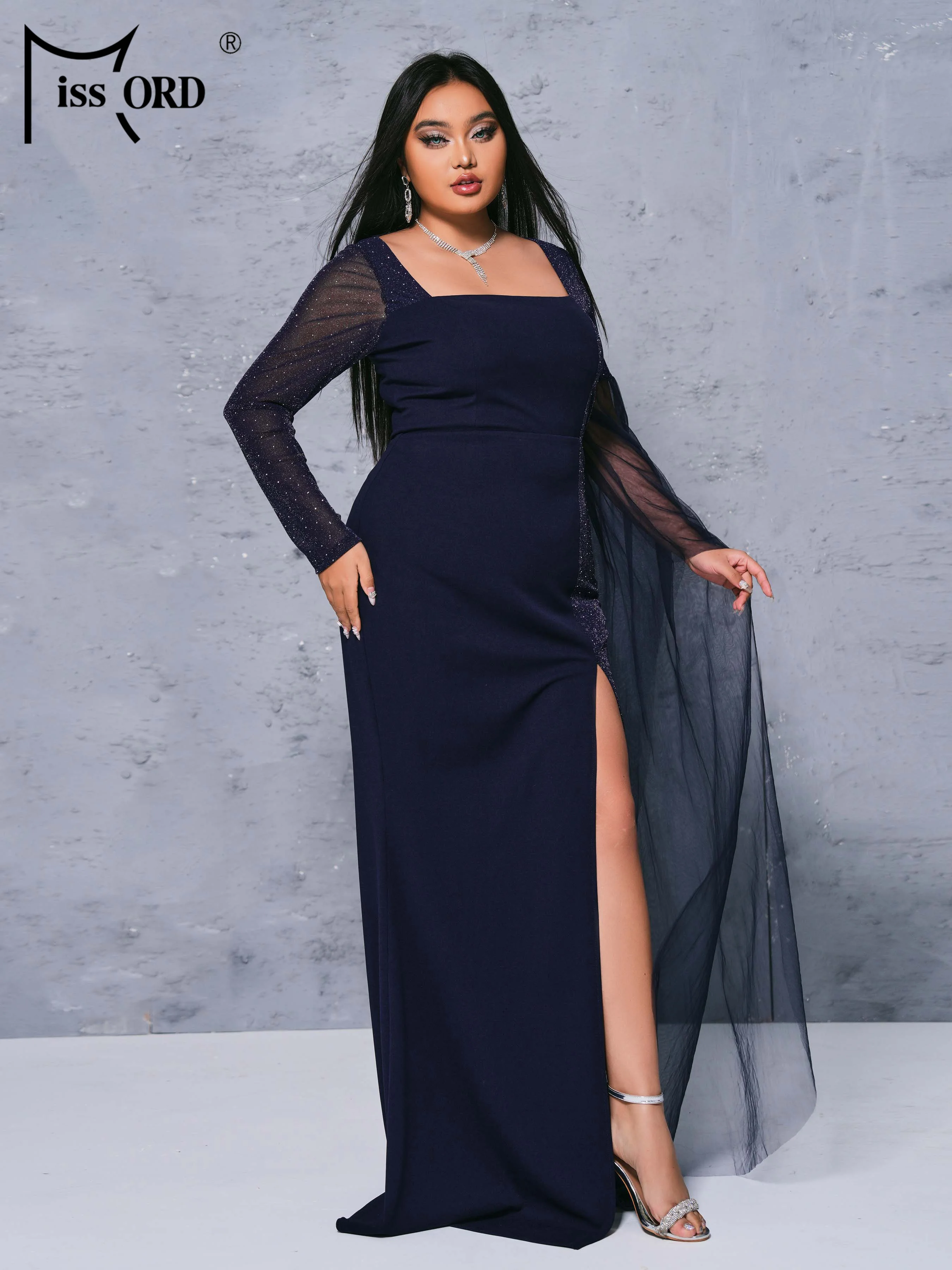 Missord New Plus Size Church Dress Party Dress Square Neck Long Sleeved Split Evening Floor Length Dress