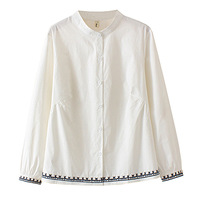 Women's Stand Collar Cotton Tops, Loose Long Sleeve, Hem Embroidery Blouses, Curve Clothes, Plus Size, 4XL, Spring