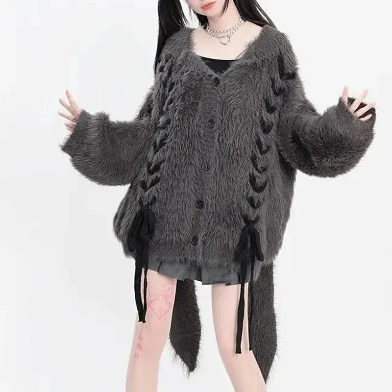 Kawaii Y2k estetyczny śliczny uszy królika sweter z kapturem Harajuku wróżka bandaż Grunge płaszcze Streetwear kobiety puszysty sweter płaszcz