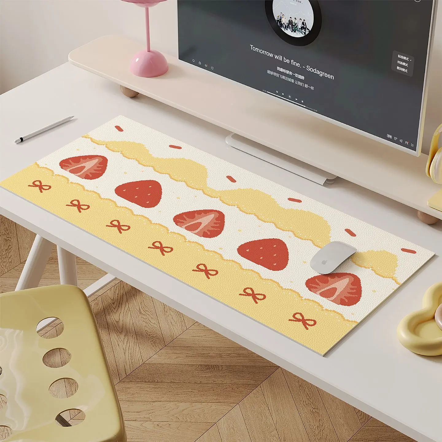 Strawberry Bow Leather Desk Pad Protector Non-Slip Large Small Mouse Pad Home &Office Desk Mat PU Leather Pc Laptop Mouse Pad